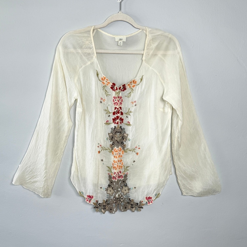 J. Jill Vintage Blouse XS Ivory Floral Embroidered Front Snap Close Boho Cottage